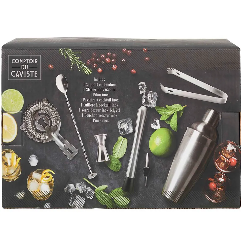 Coffret de cocktail en acier argenté et bambou