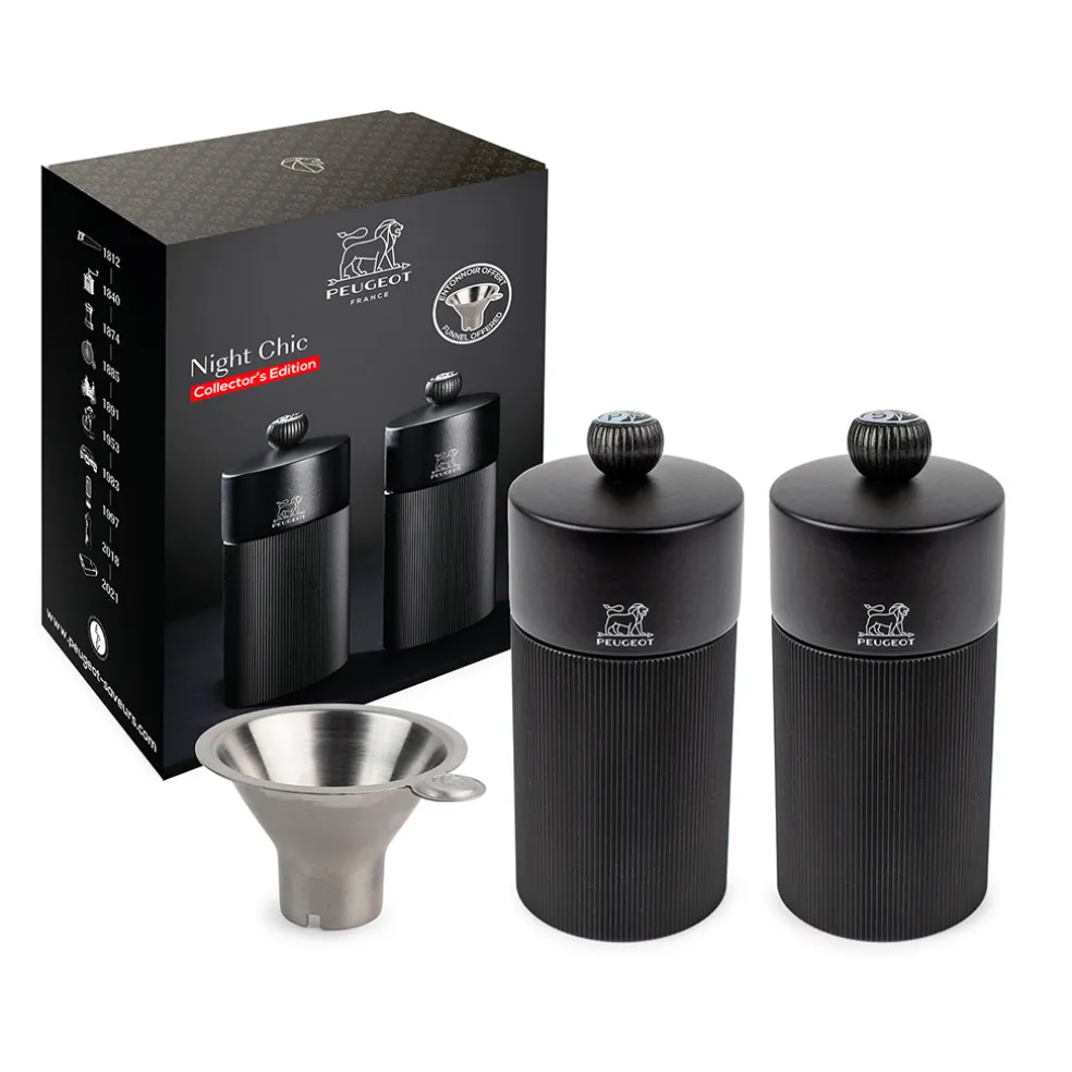 Coffret duo moulins line 12cm noir mat et entonnoir inox