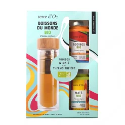 Coffret thé, maté et rooibos mangue passion avec gourde en verre