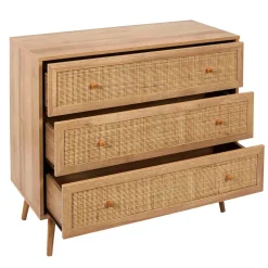 Commode en bois et cannage 3 tiroirs H79cm - Baia