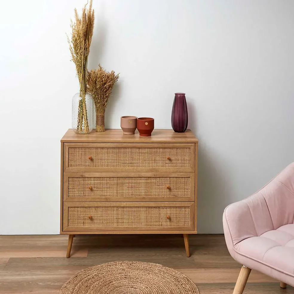 Commode en bois et cannage 3 tiroirs H79cm - Baia