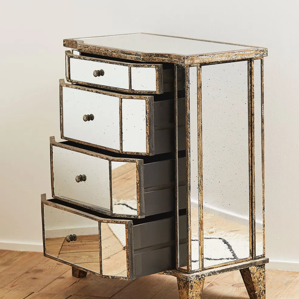 Commode en bois miroir patine 4 tiroirs H88cm