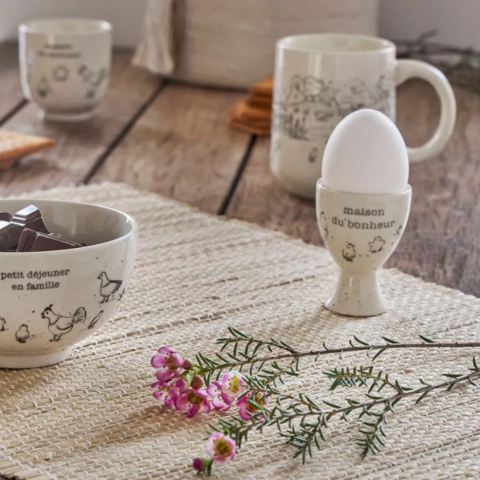 Coquetier Maison du bonheur en grès blanc moucheté - La Ferme