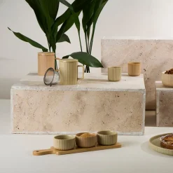 Coupelles x3 en grès nude et plateau en hévéa - Sweet Leaves