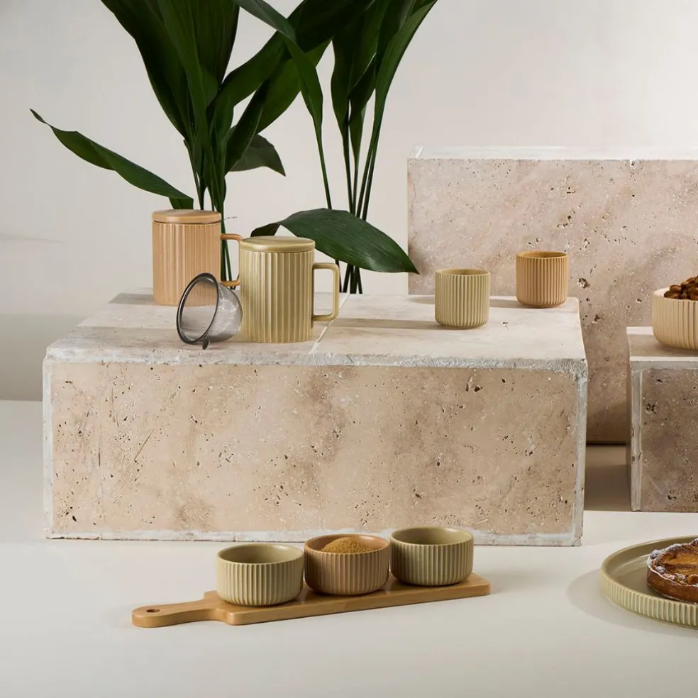 Coupelles x3 en grès nude et plateau en hévéa - Sweet Leaves