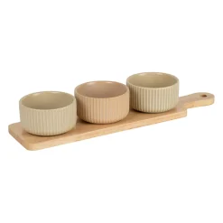 Coupelles x3 en grès nude et plateau en hévéa - Sweet Leaves