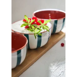 Coupelles x3 en grès rayées émeraude et blanc avec planche d11cm - Alaria