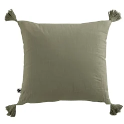 Coussin avec pompons en gaze de coton romarin 40x40cm - Gaia