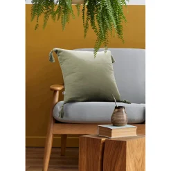 Coussin avec pompons en gaze de coton romarin 40x40cm - Gaia