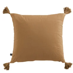 Coussin camel avec pompons en gaze de coton 40x40cm - Gaia