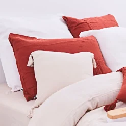 Coussin dehoussable avec pompons en gaze de coton pampa 40x40cm - Gaia