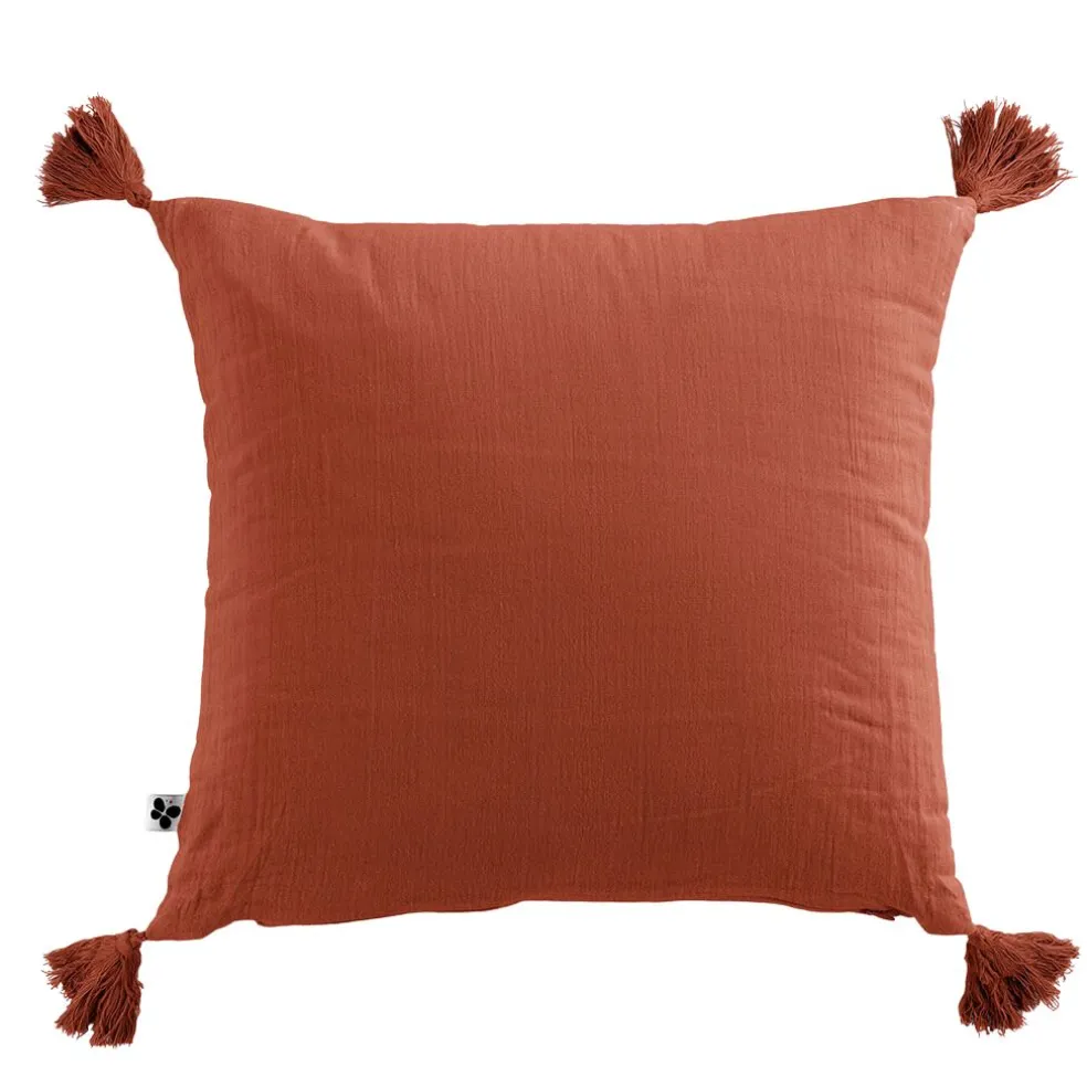 Coussin dehoussable avec pompons en gaze de coton terracotta 40x40cm - Gaia