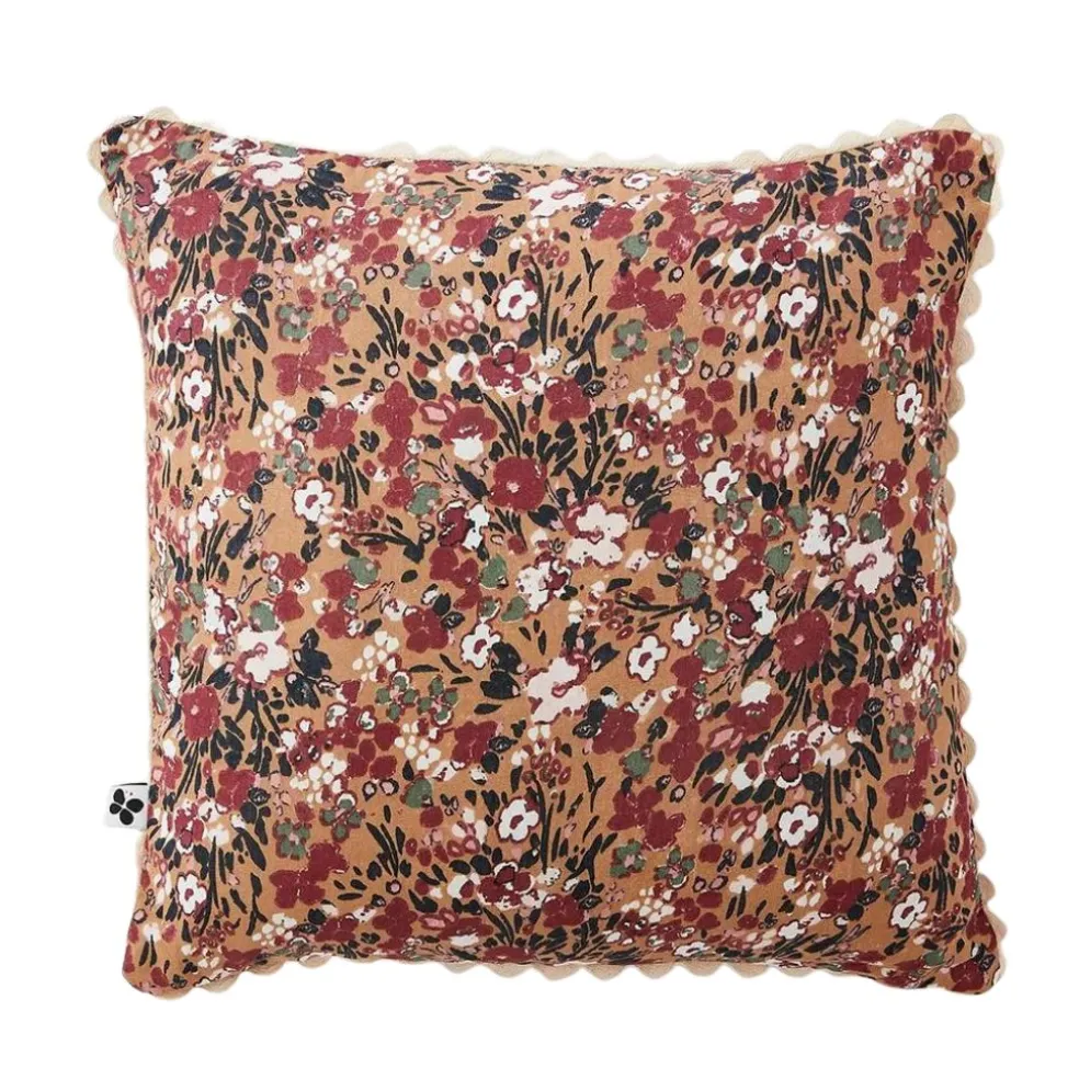 Coussin déhoussable avec croquet en gaze de coton imprimée camel 40x40cm - Capucine