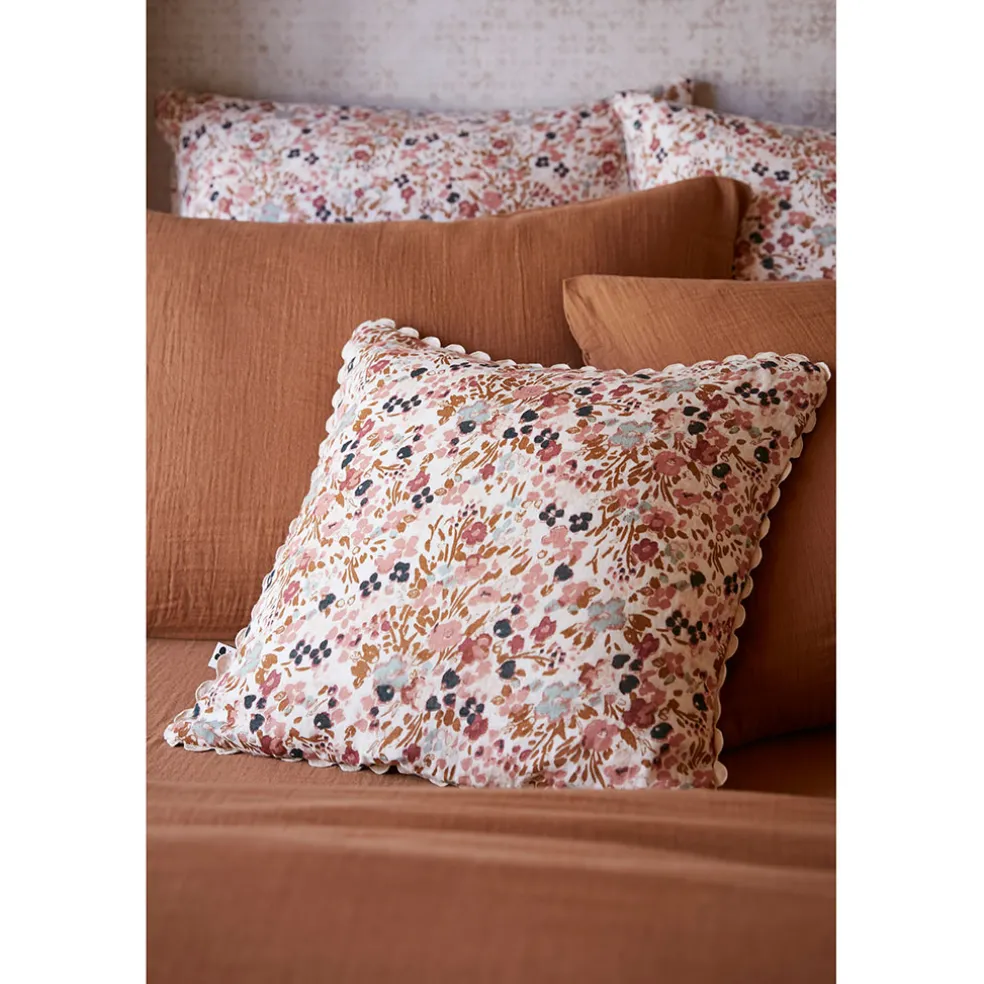 Coussin déhoussable avec croquet en gaze de coton imprimée pampa 40x40cm - Capucine