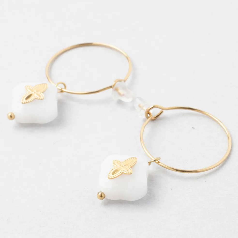 Créoles x2 trefle doré+blanc h35mm acier inoxydable+jade