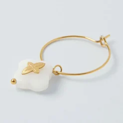 Créoles x2 trefle doré+blanc h35mm acier inoxydable+jade