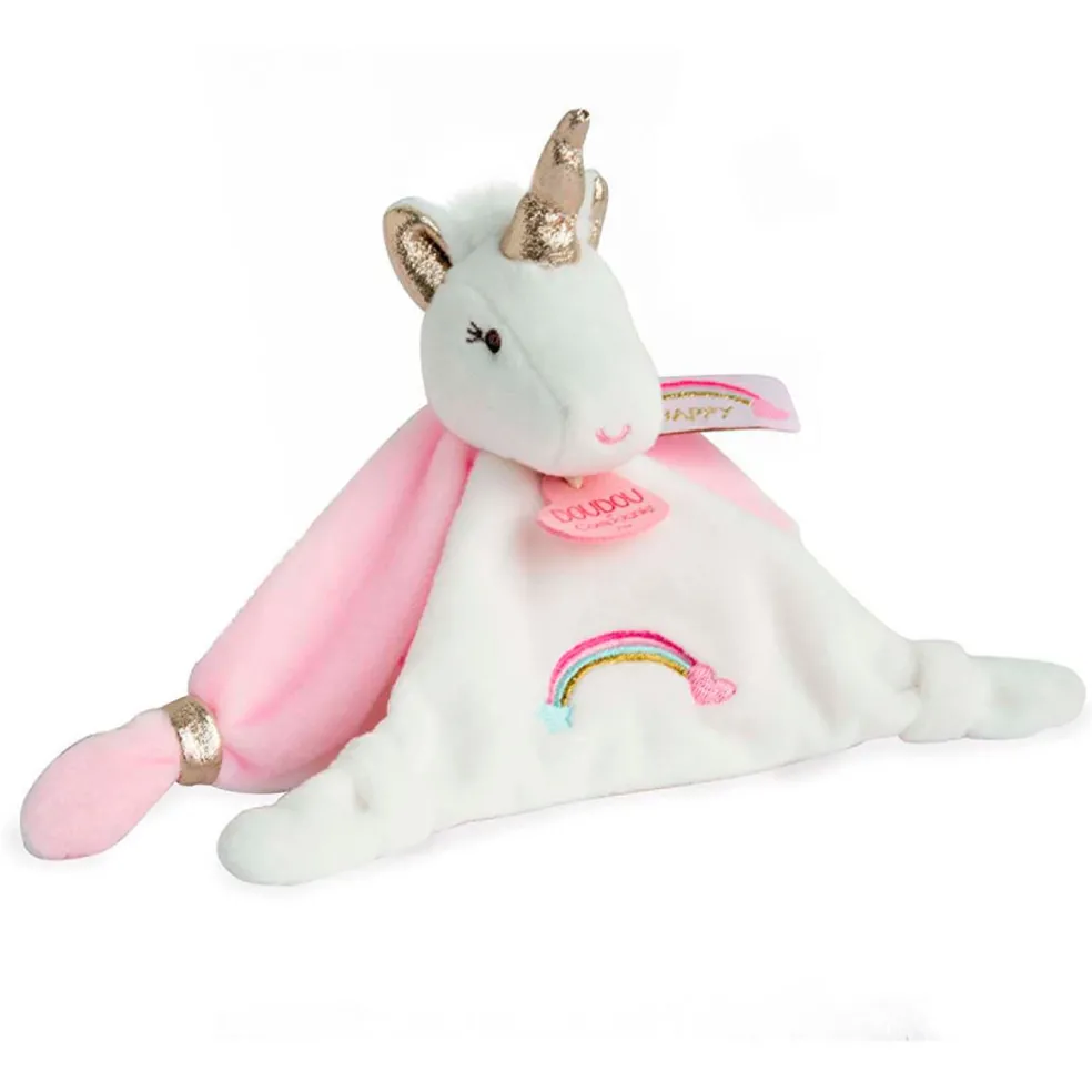 Doudou plat Licorne blanc et rose