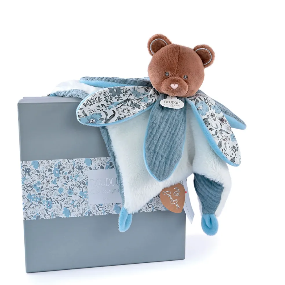 Doudou plat ours avec pétale bleu - Boh'Aime