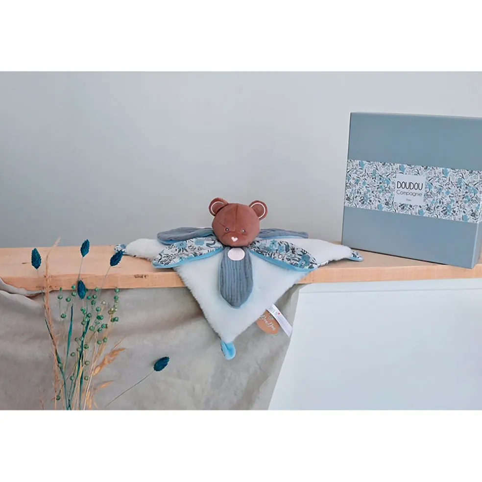Doudou plat ours avec pétale bleu - Boh'Aime