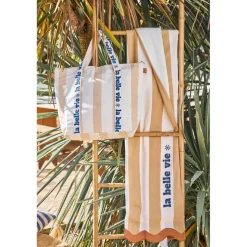 Drap de plage en coton rayé camel et blanc 170x85cm - Medi