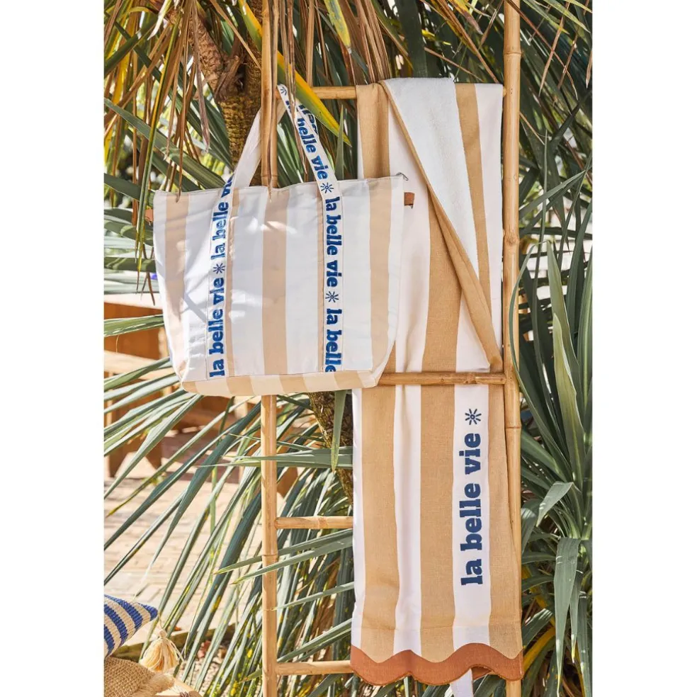 Drap de plage en coton rayé camel et blanc 170x85cm - Medi