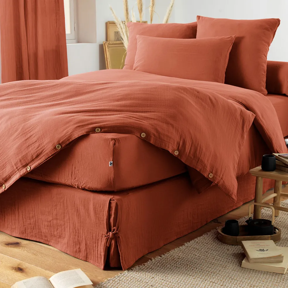 Drap housse en gaze de coton unie terracotta 140x190cm - Gaia