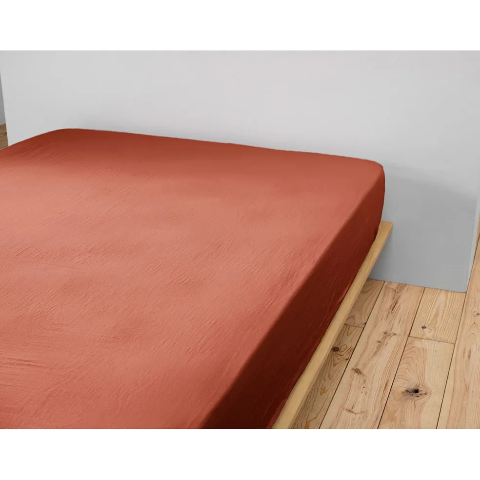 Drap housse en gaze de coton terracotta 90x190cm - Gaia
