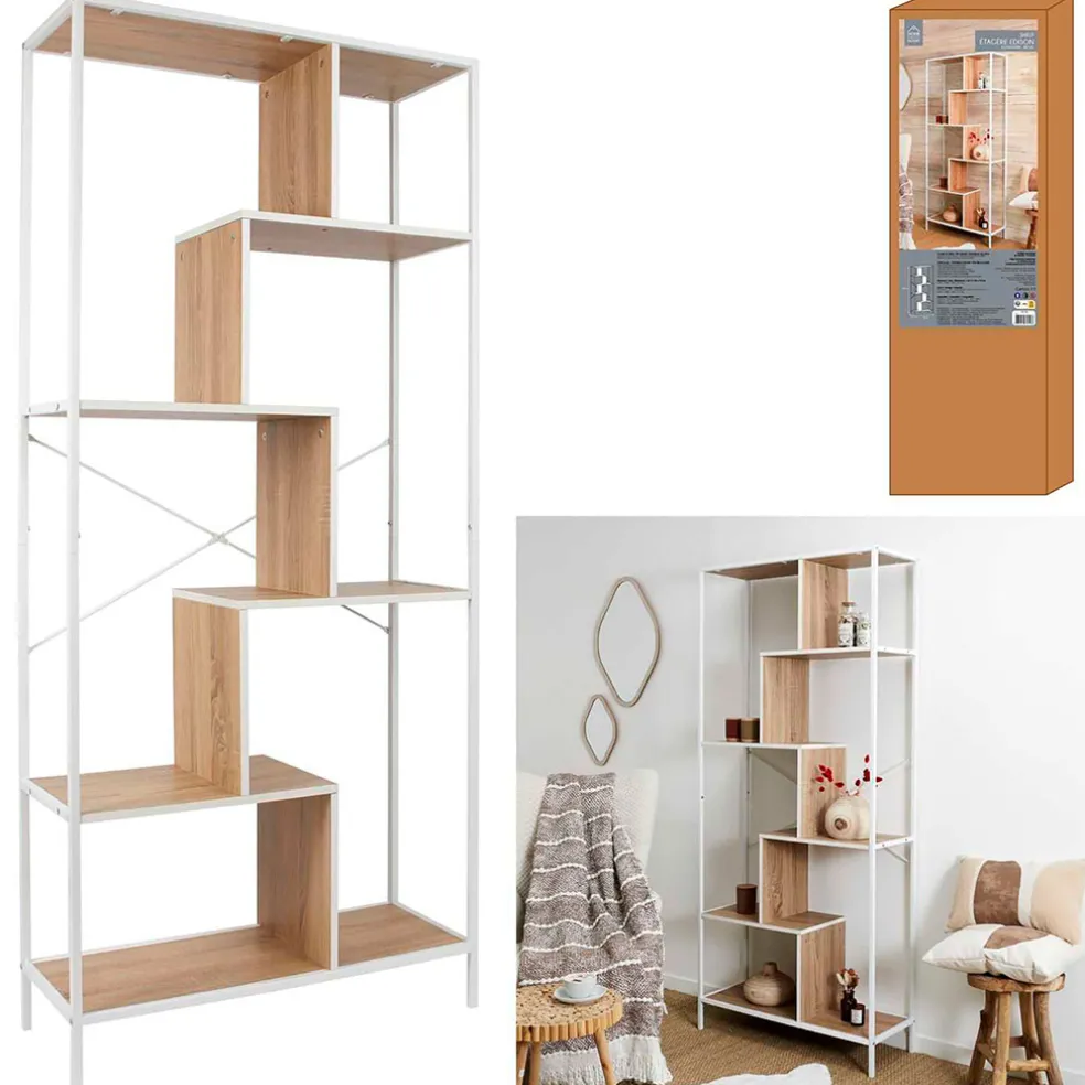 Etagère en métal blanc et bois naturel h180cm - Edgard