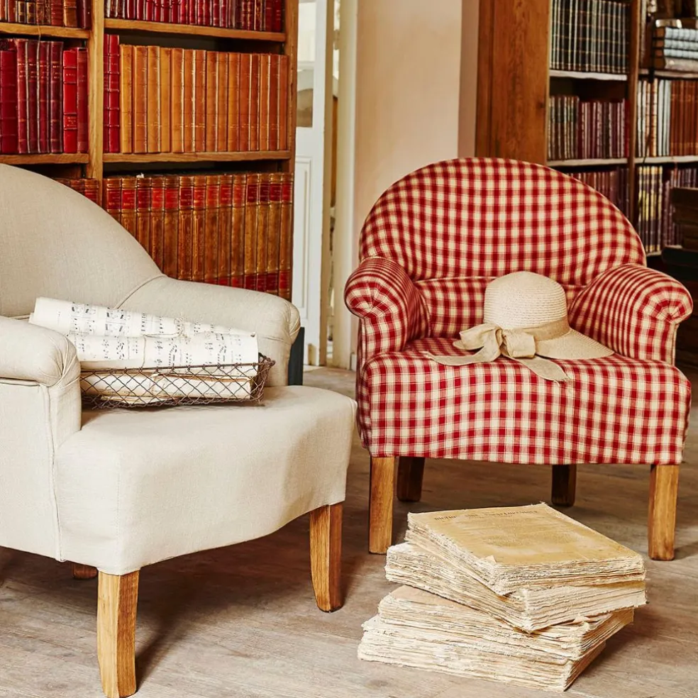Fauteuil crapaud en coton vichy rouge et pin - Margot