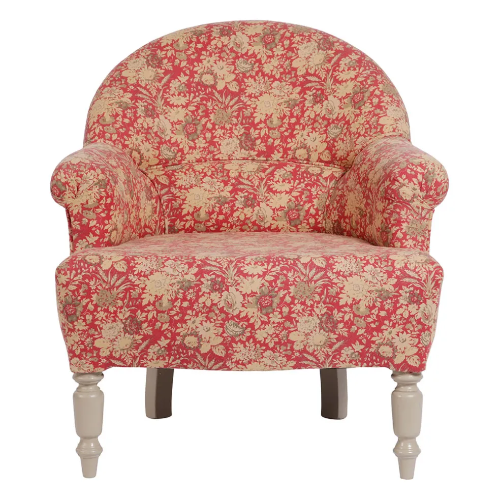 Fauteuil crapaud floral en coton rouge et pin - Margot