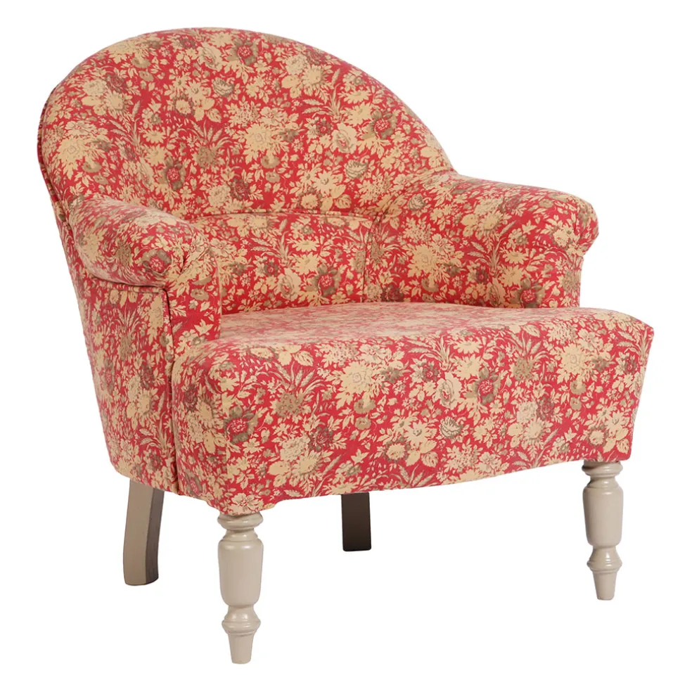 Fauteuil crapaud floral en coton rouge et pin - Margot