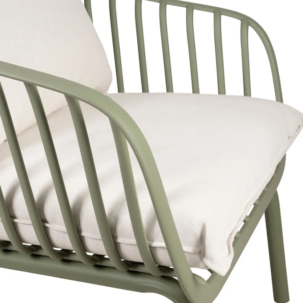 Fauteuil d'extérieur kaki avec 2 coussins en tissu blanc - Lumi