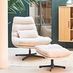 Fauteuil et repose pied en tissu beige et fer noir - Lery