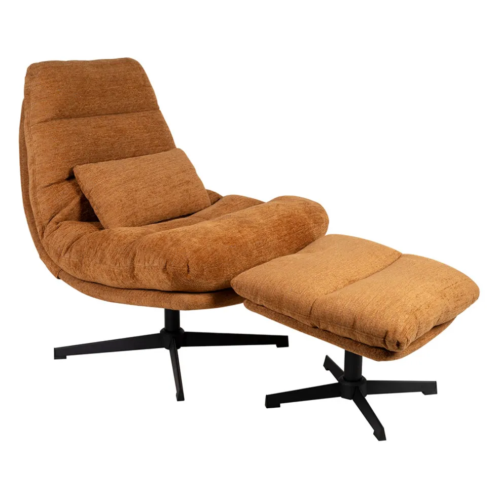 Fauteuil et repose pied en tissu brun et fer noir - Lery