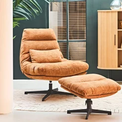 Fauteuil et repose pied en tissu brun et fer noir - Lery