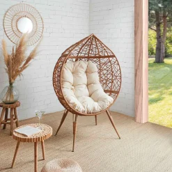 Fauteuil extérieur œuf en métal naturel et beige