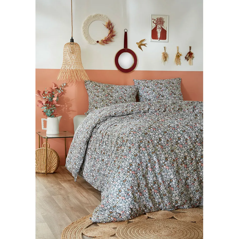 Housse de couette 240x220 cm et 2 taies d'oreiller 60x60cm en coton imprimé fleurs - Malia