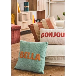 Housse de coussin bouclette "Bella" vert et camel 45x45cm - Funky