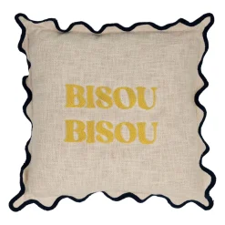 Housse de coussin brodée bisou en coton jaune et bleu 45x45cm - Lumi
