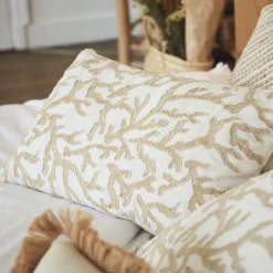 Housse de coussin coton motif coreil blanc et beige 50x30cm - estran