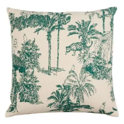 Housse de coussin en coton écru et palmiers émeraude 45x45cm - Mocoa