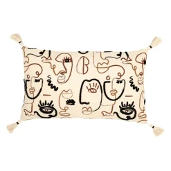 Housse de coussin rectangulaire visage brodée écru, brun et noir 50x30cm - terre brulée