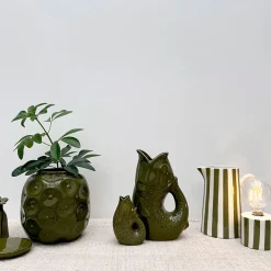 Lampe à piles en faïence rayée kaki et blanc h17cm