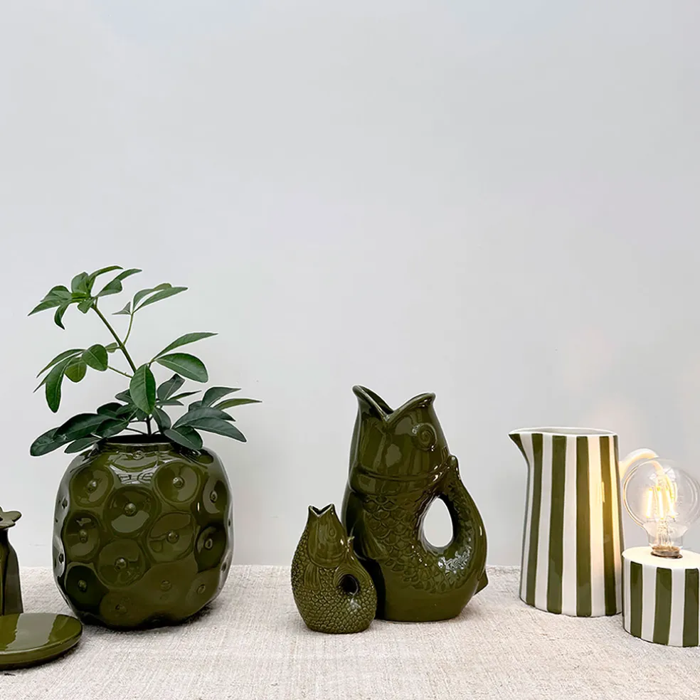 Lampe à piles en faïence rayée kaki et blanc h17cm