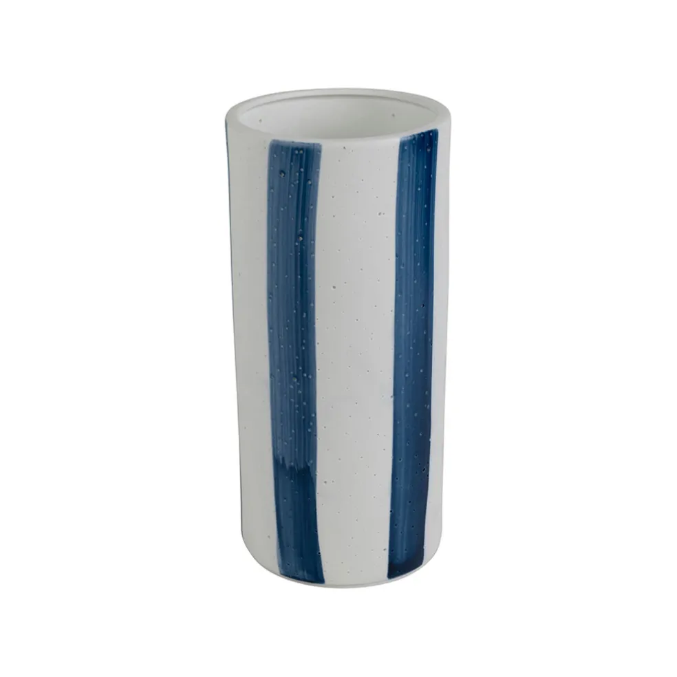Lampe cylindre en porcelaine rayée indigo et blanc h24cm - Alaria