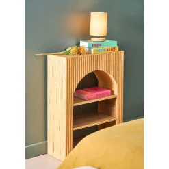 Lampe en bois d'hévéa et coton naturel et moutarde h24cm - Filen