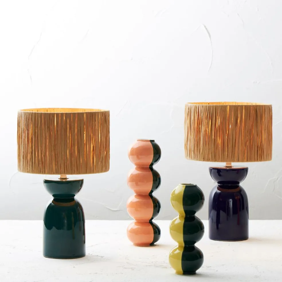 Lampe en raphia naturel et céramique émeraude h38cm - Palma