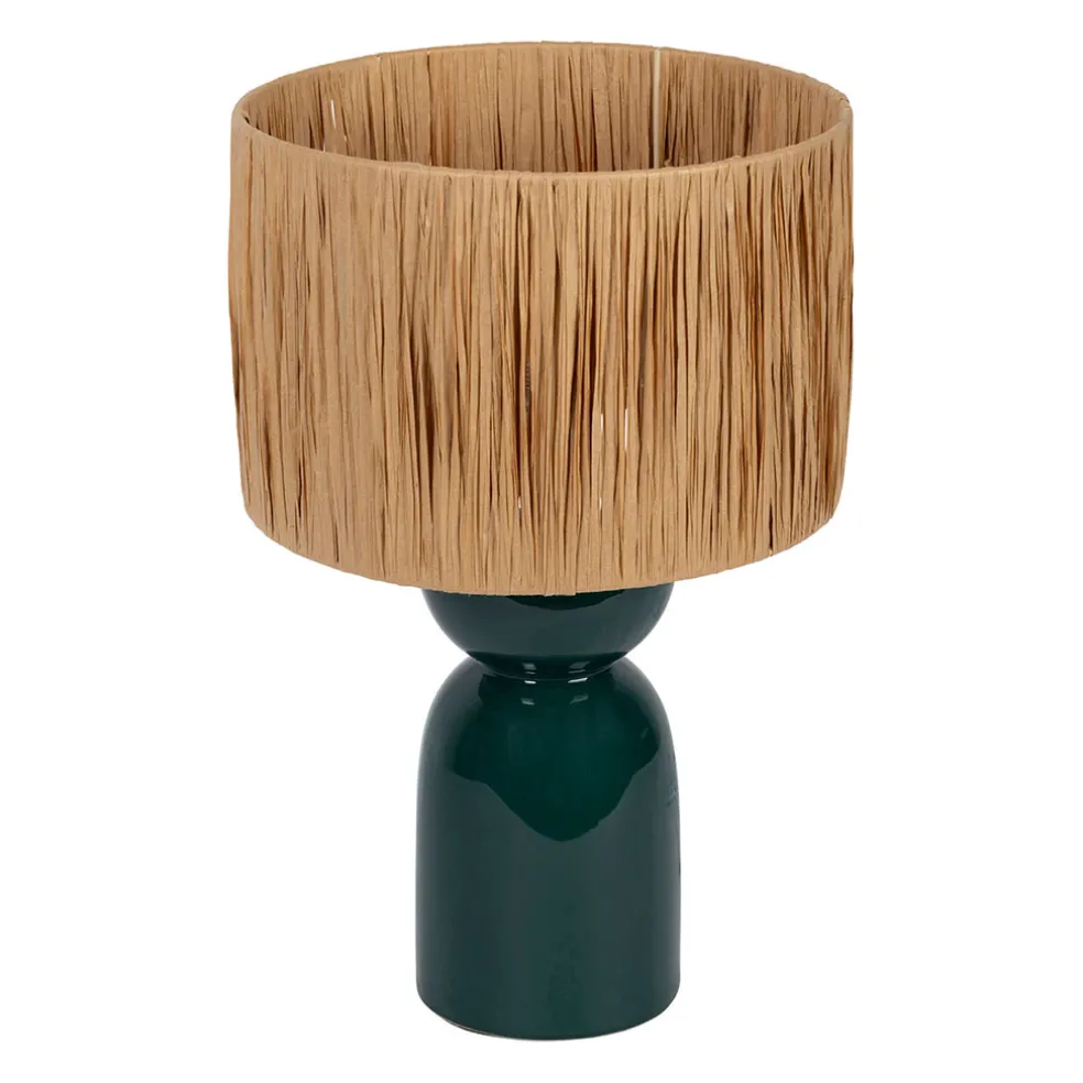 Lampe en raphia naturel et céramique émeraude h38cm - Palma