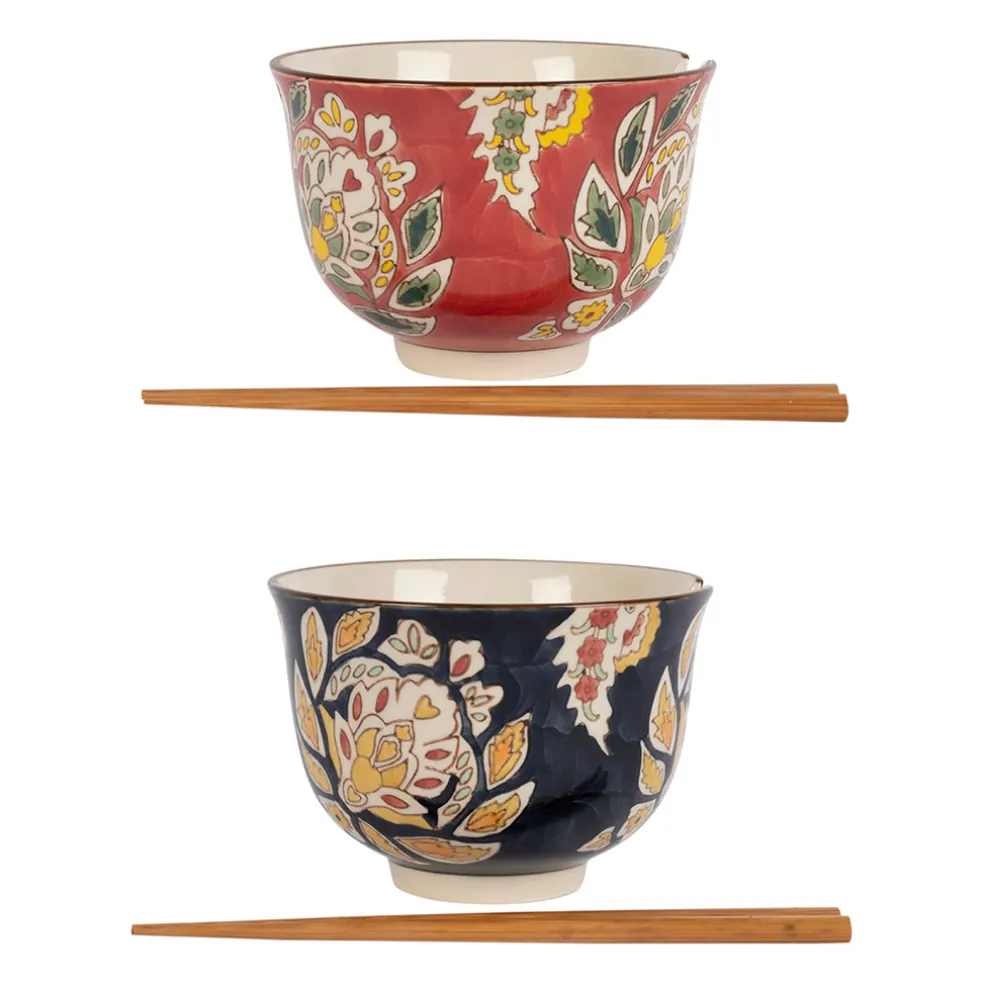 Lot de 2 bols et baguettes en grès et bambou multicolore d13xh9.5cm - Orchila