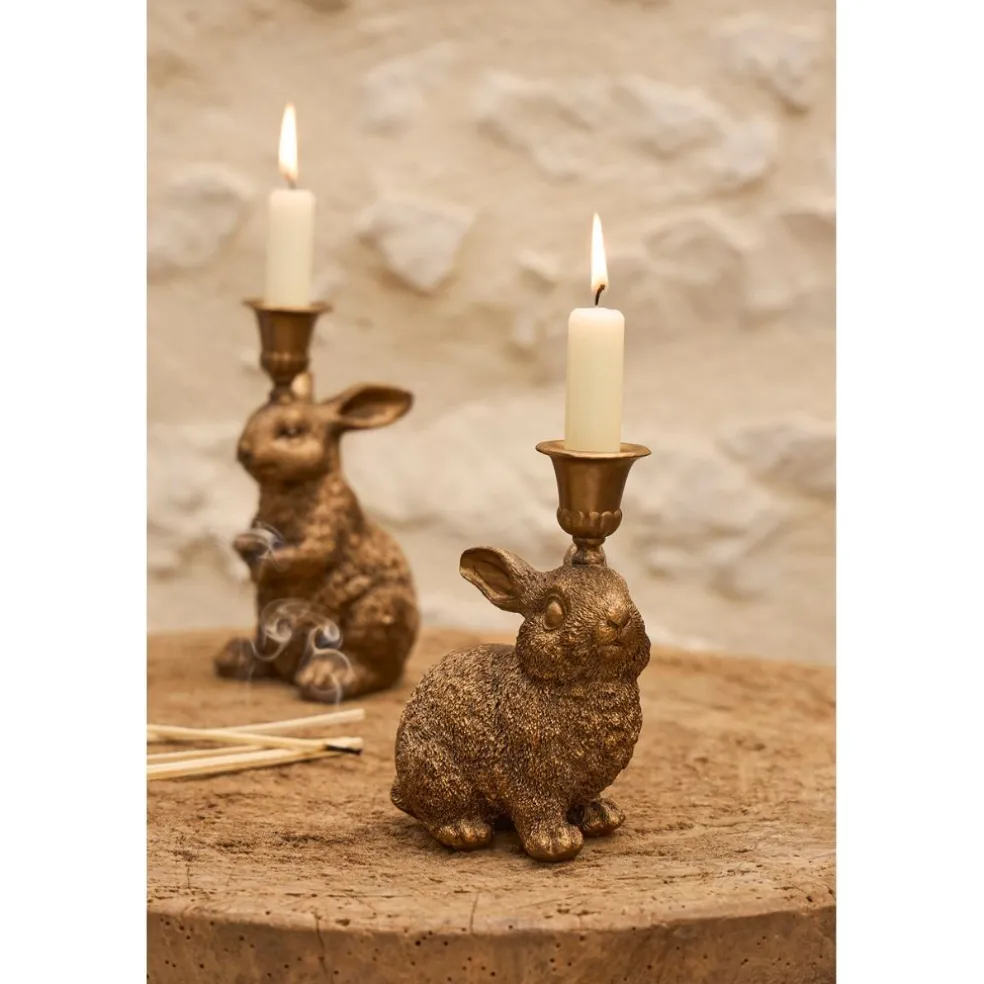 Lot de 2 bougeoirs lapin en poudre de pierre et fer mordoré - Floreal